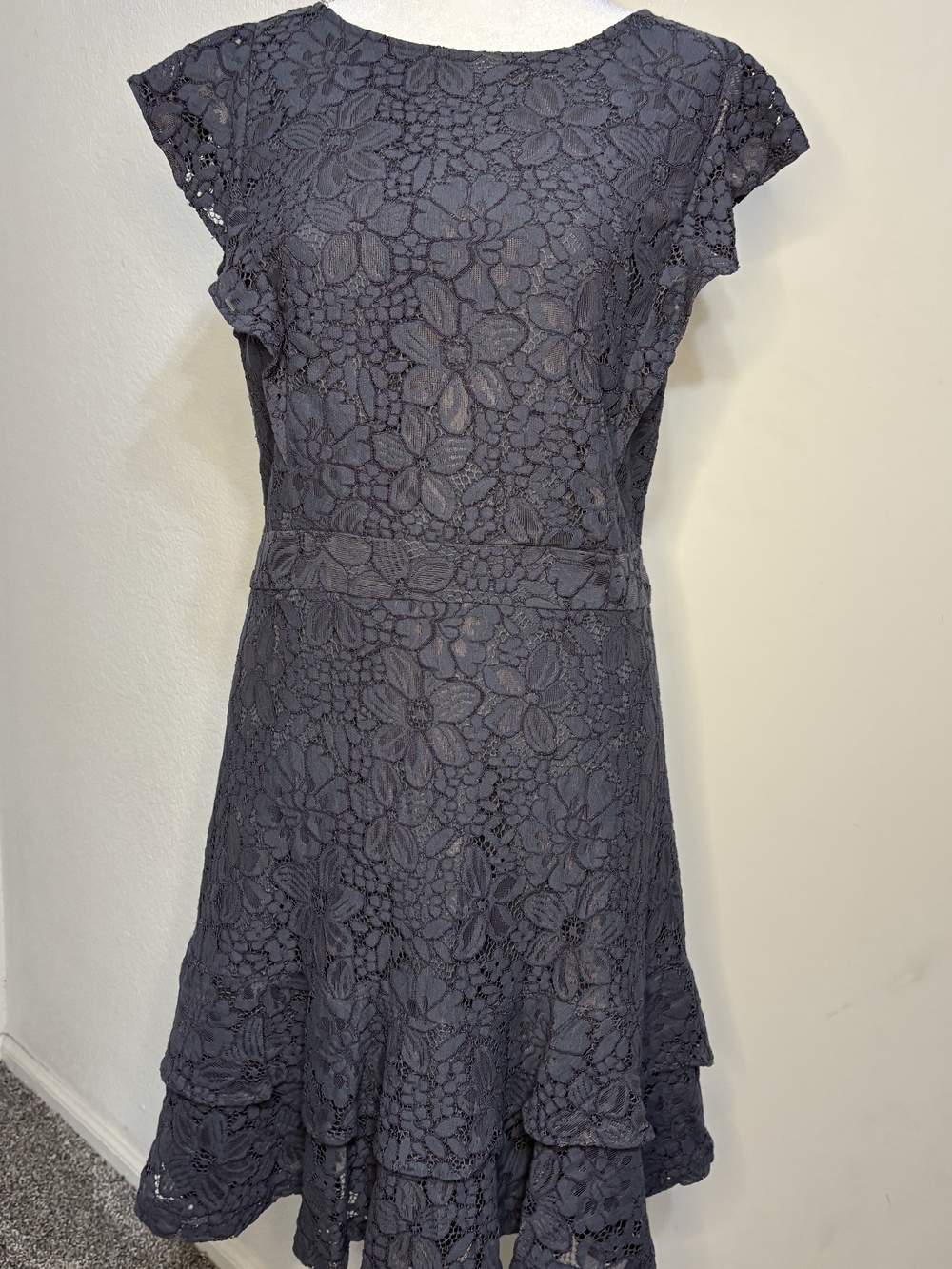 LOFT Floral Lace A-Line Dress Gray / Blue Sz 8